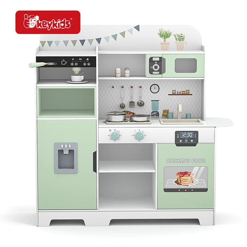 Vintage Mint Green Wooden Play Kitchen Set with Functional Coffee Maker, Oven & Sink Plus Pretend Play Accessories W10C1005